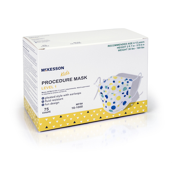 Procedure Mask McKesson Pleated Earloops Child Size Kid Design (Blue and Yellow Polka Dot) NonSterile ASTM Level 1