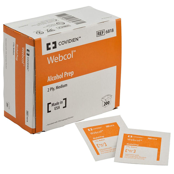 Alcohol Prep Pad Webcol™ Isopropyl Alcohol, 70% Individual Packet Medium Sterile 200 Per Box Prep Pad Covidien 