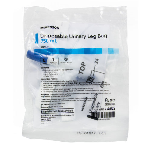 Mckesson 4602 Urinary Leg Bag McKesson Anti-Reflux Valve Sterile 750 mL Vinyl, Each